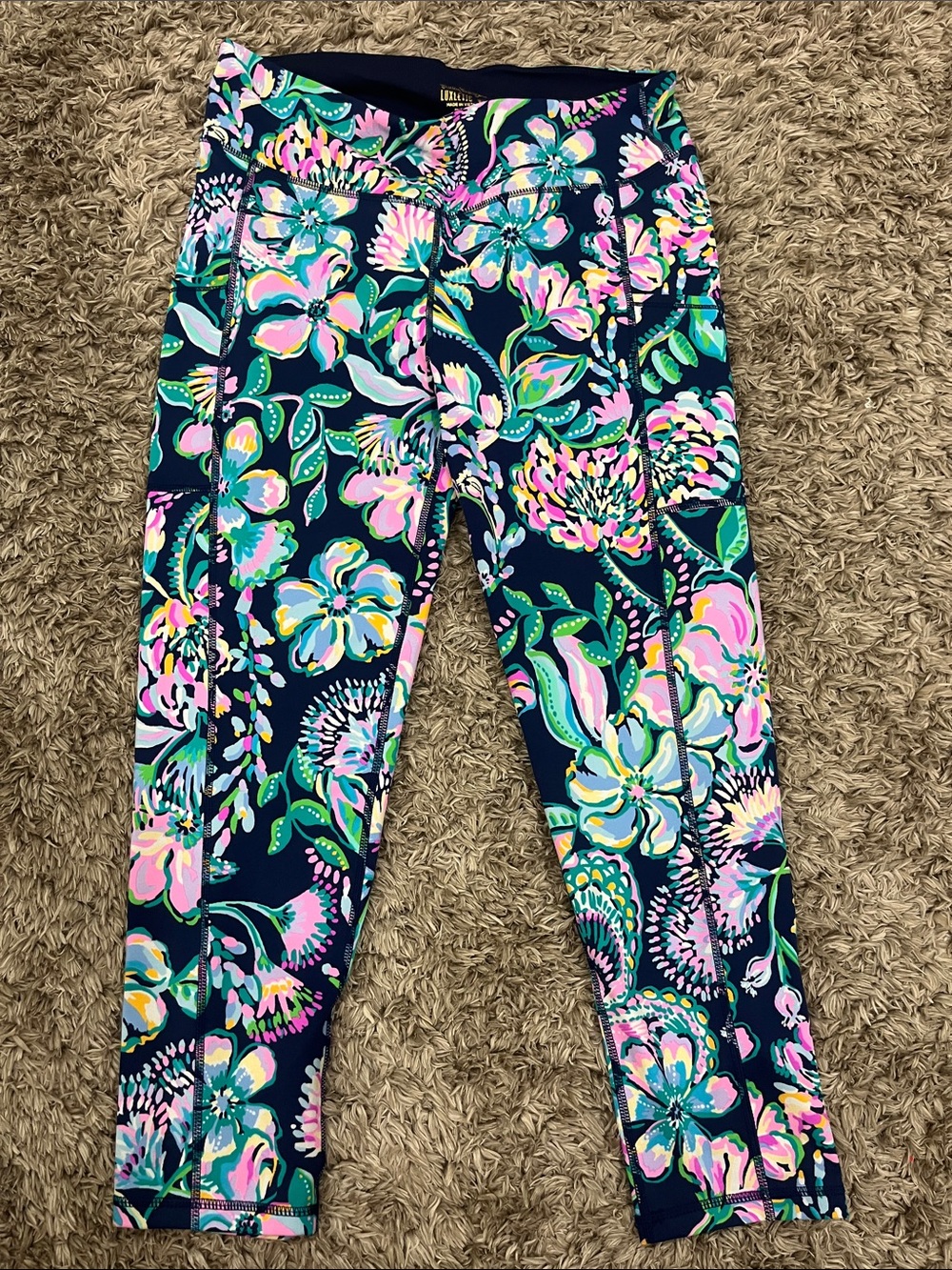 Lilly Pulitzer Navy Floral Capri Leggings with Pink & Aqua Print
